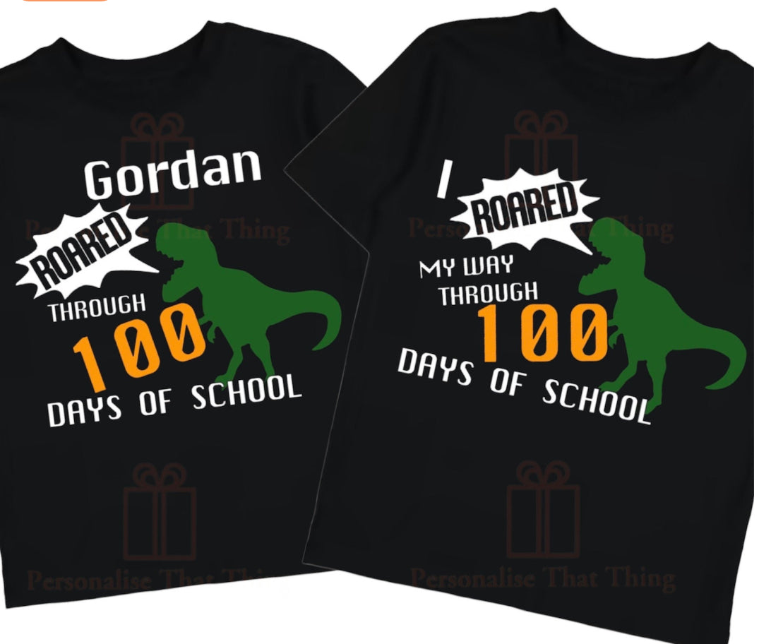 I roared my way through 100 days of school personalised name dinosaur tshirt