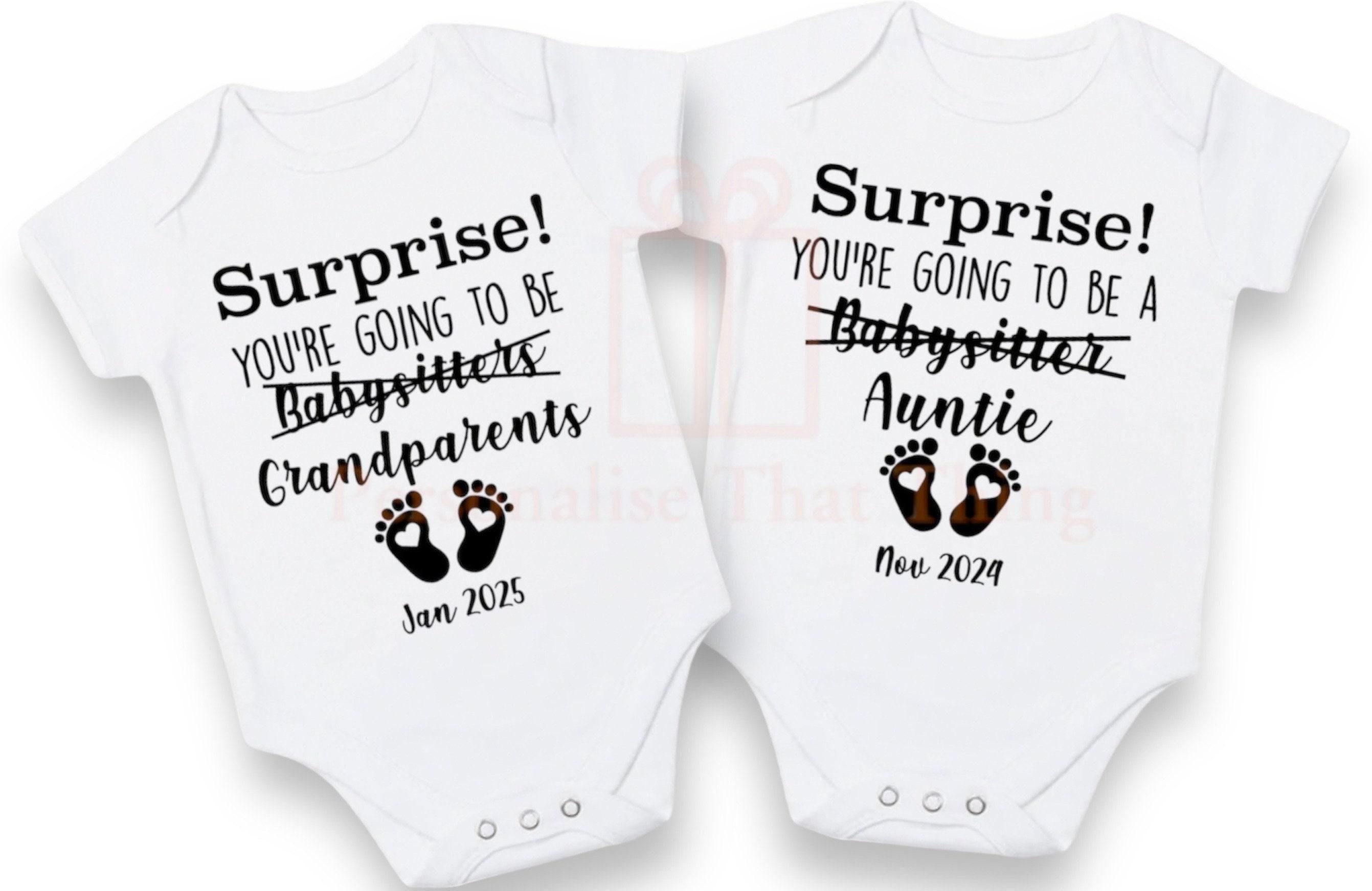 Surprise your going to be babysitters custom name pregnancy announcement baby bodysuit