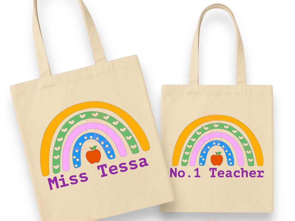 Tote bag rainbow Apple design Teachers gift custom text natural canvas tote shopping book bag