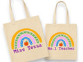 Tote bag rainbow Apple design Teachers gift custom text natural canvas tote shopping book bag