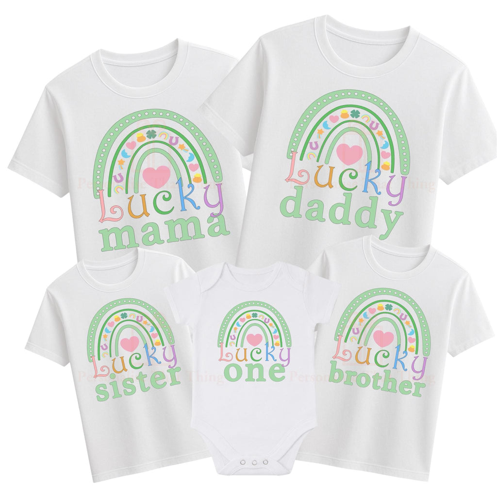 Lucky One 1st Birthday rainbow family matching St Patricks Day custom Mama Daddy Sister Brother tshirt