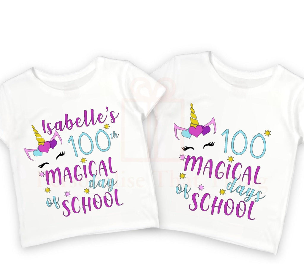 Unicorn 100 magical days of school personalised name tshirt