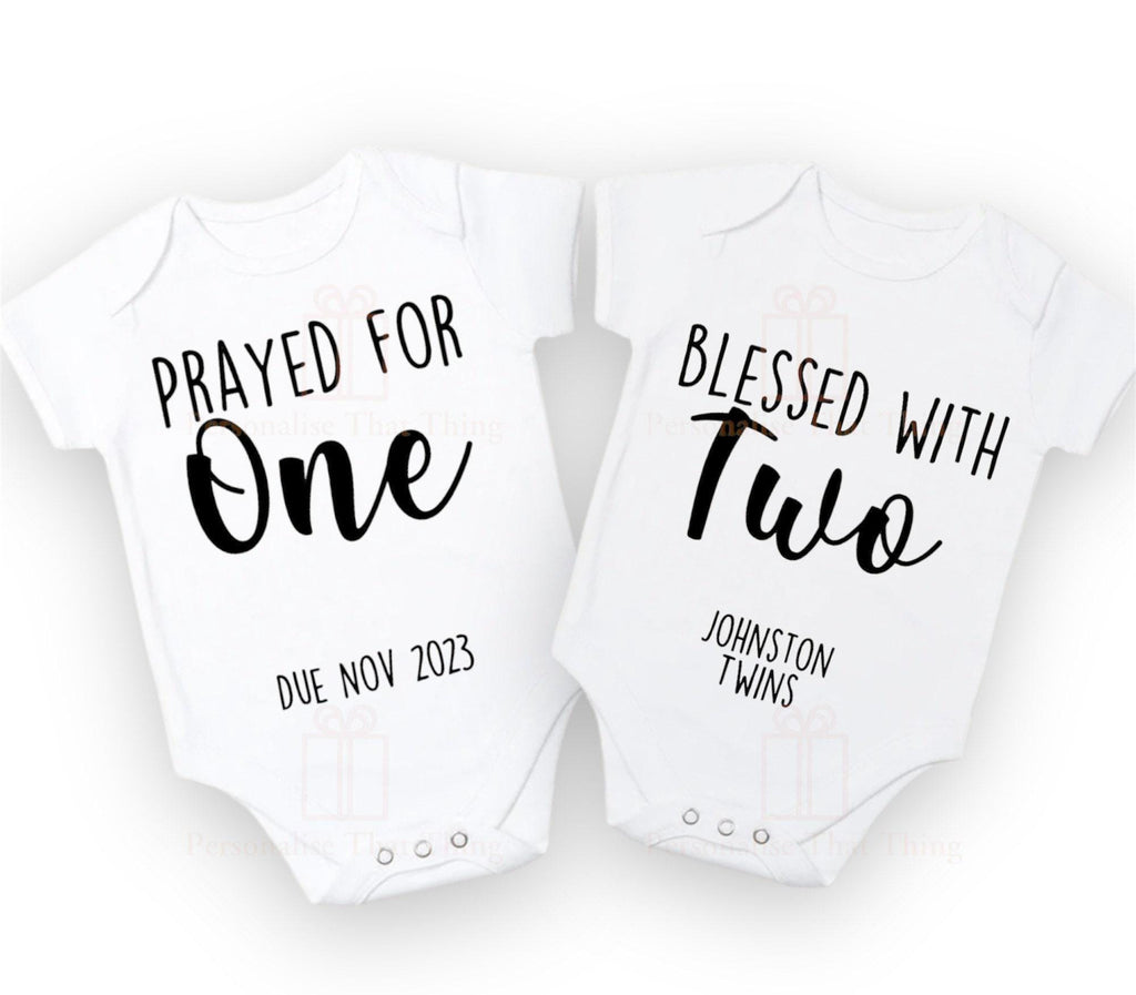 Prayed for one blessed with two personalised 2 baby pregnancy announcement onesies