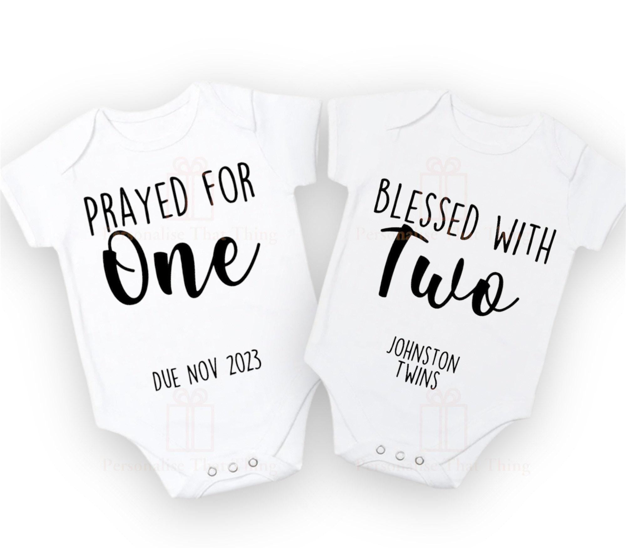 Prayed for one blessed with two personalised 2 baby pregnancy announcement onesies