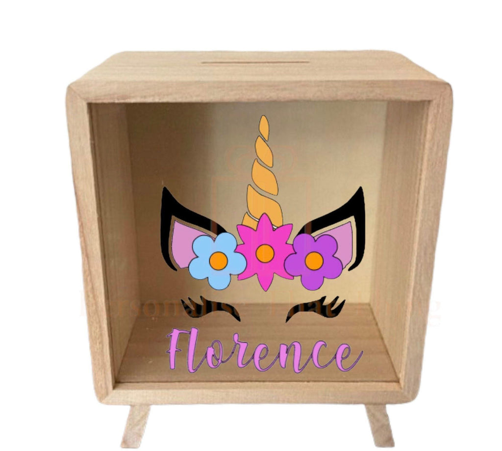 Personalised name wooden money box - Princess - dinosaur - unicorn - digger - sunflower - butterfly - concrete truck - race car - army