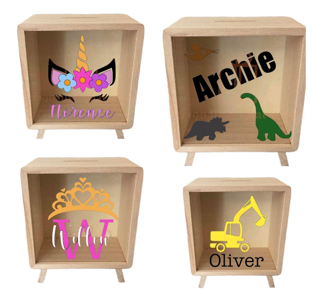 Personalised name wooden money box - Princess - dinosaur - unicorn - digger - sunflower - butterfly - concrete truck - race car - army