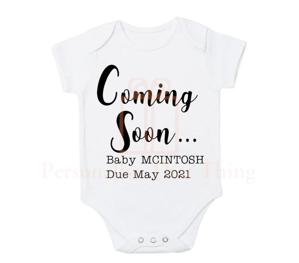 coming soon custom personalised  baby pregnancy announcement bodysuit outfit - surname / date