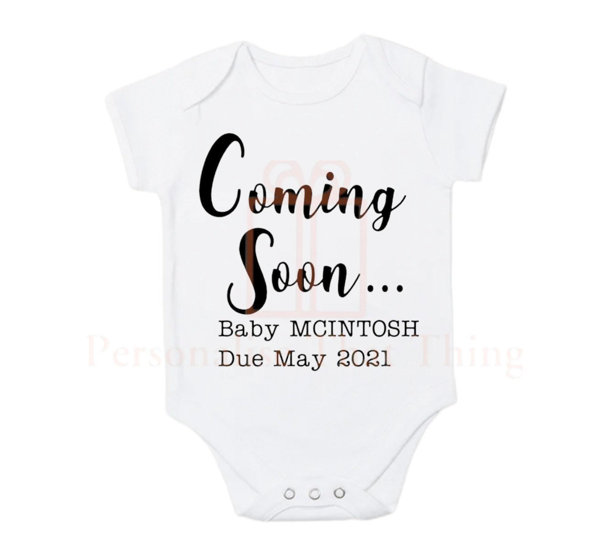 coming soon custom personalised  baby pregnancy announcement bodysuit outfit - surname / date