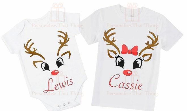 Matching reindeer Christmas holiday personalised name tshirts