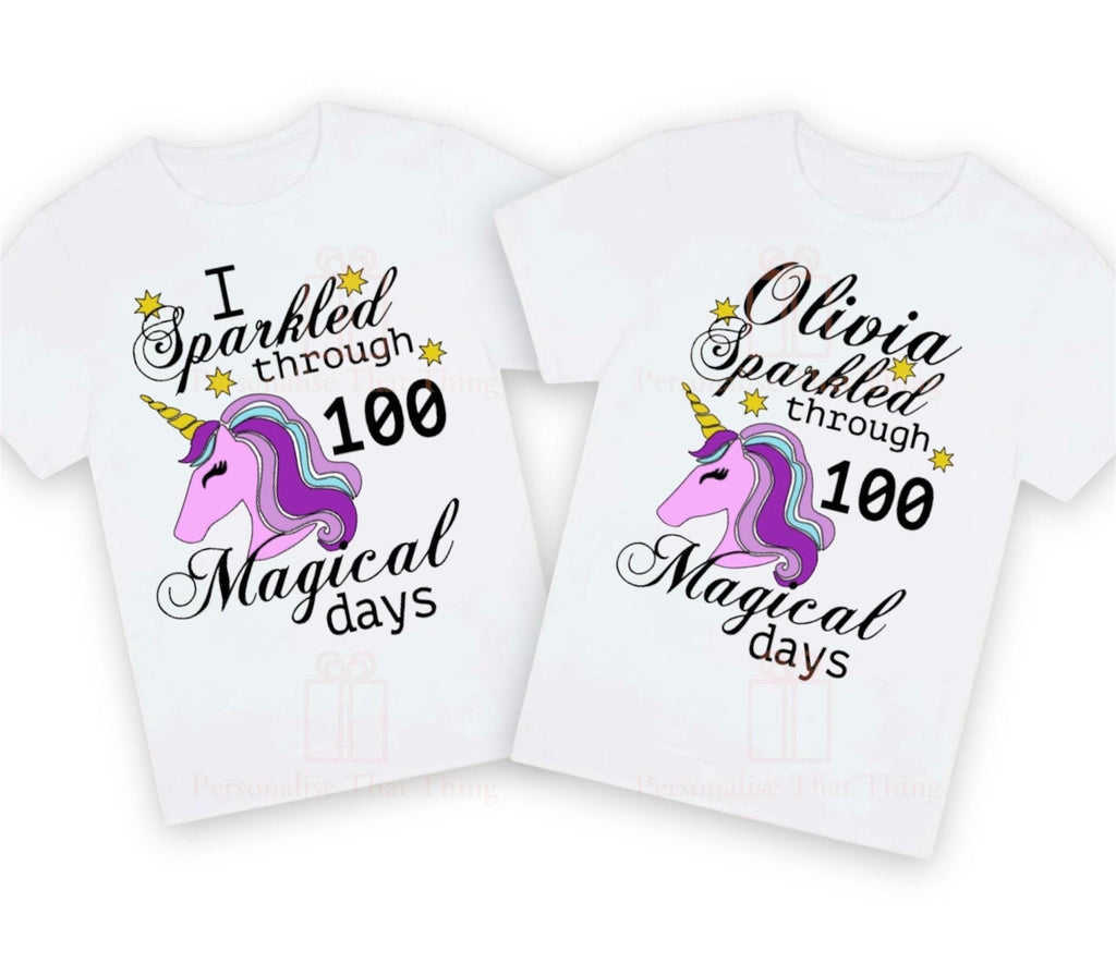 Sparkled through 100 magical days of school personalised name unicorn tshirt