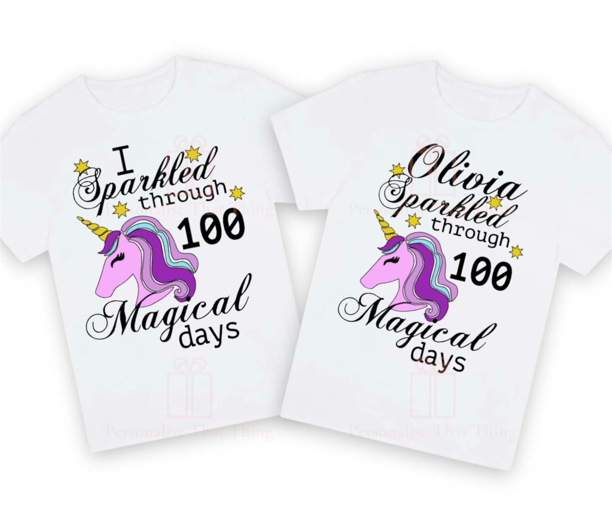 Sparkled through 100 magical days of school personalised name unicorn tshirt