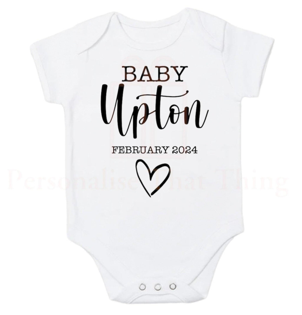 Pregnancy announcement baby onesie custom name and date heart onesie