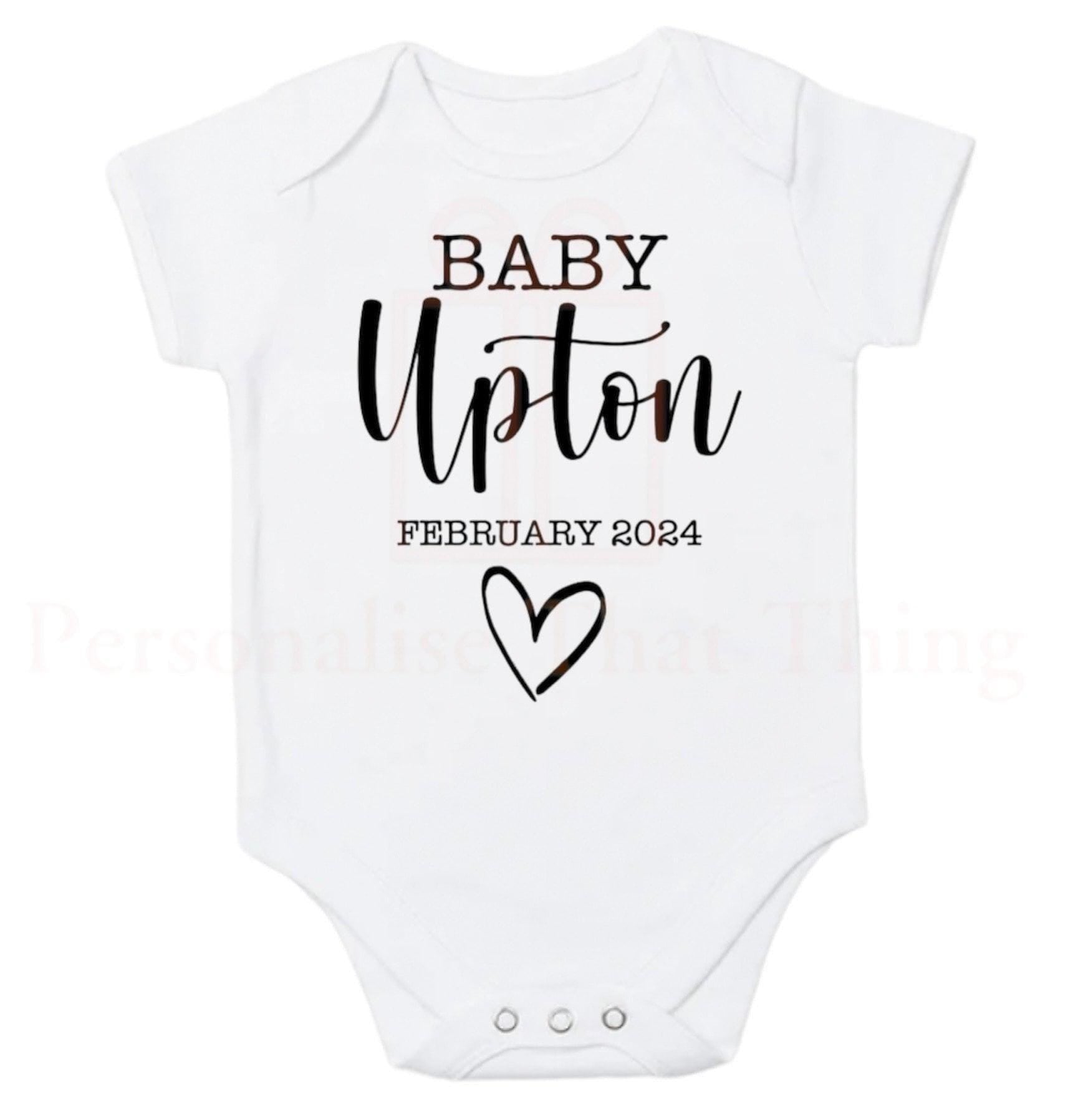 Pregnancy announcement baby onesie custom name and date heart onesie