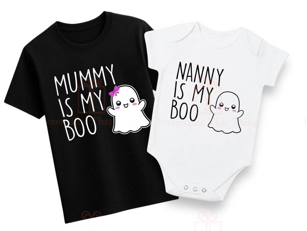 Mummy / nanny custom name Halloween ghost is my boo tshirt baby bodysuit outfit