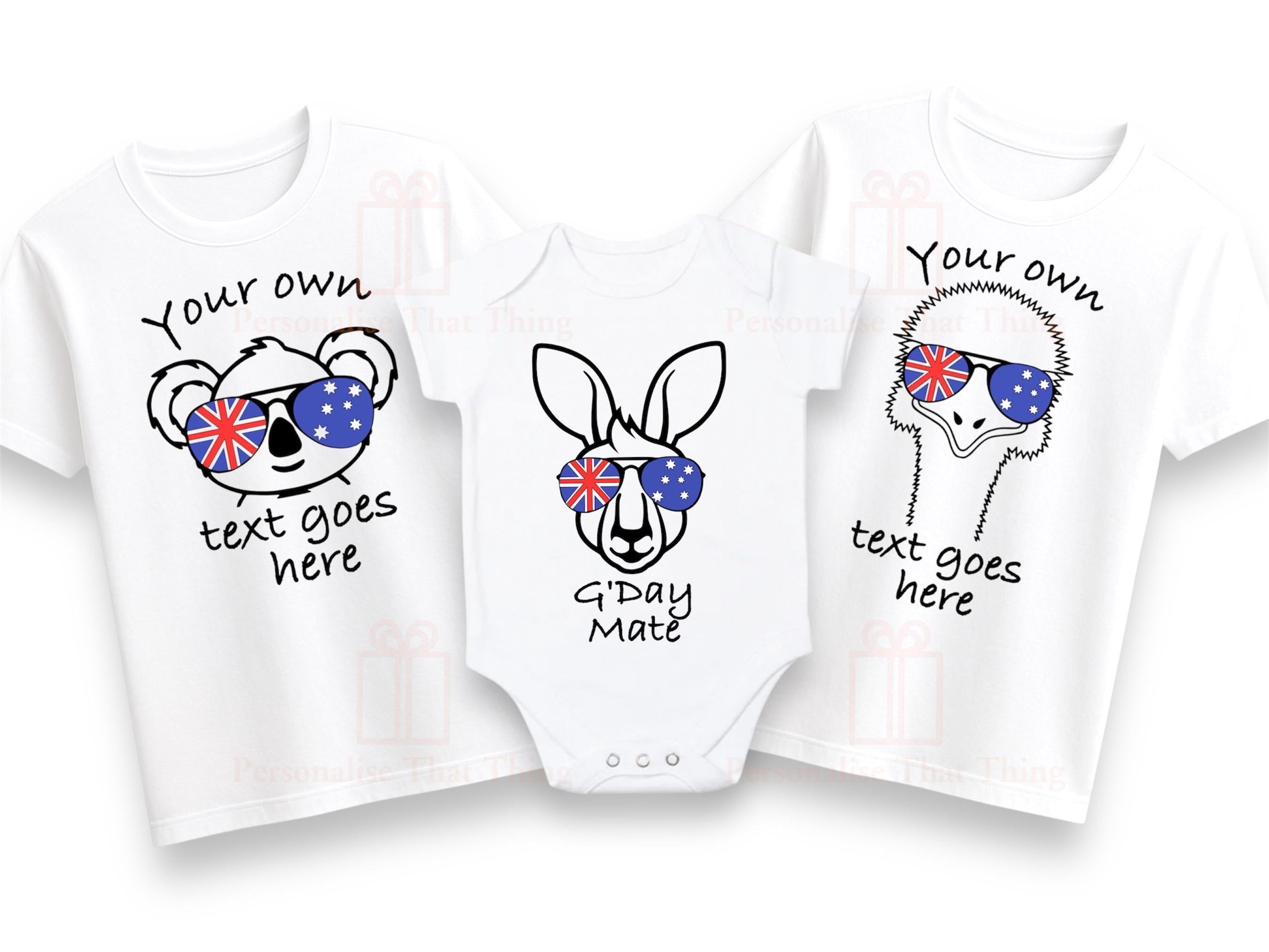Kangaroo Emu or Koala Australian flag sunglasses Australia Day baby onesie / childrens tshirt