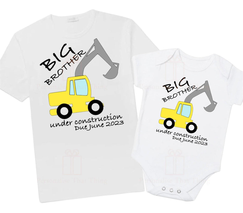 Big brother under construction digger pregnancy announcement personalised date baby bodysuit outfit / tshirt