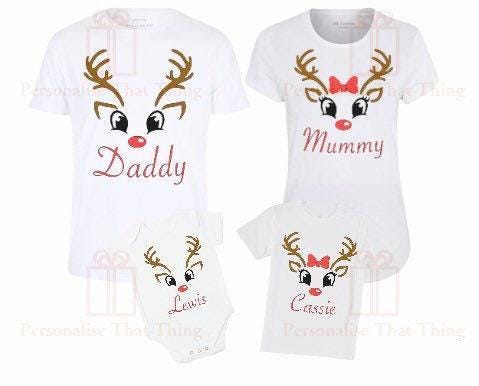 Matching reindeer Christmas holiday personalised name tshirts