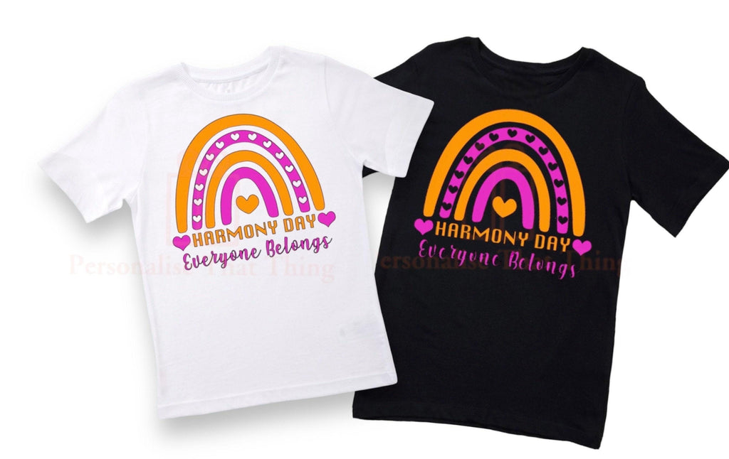 Harmony day orange and pink heart rainbow everyone belongs tshirt