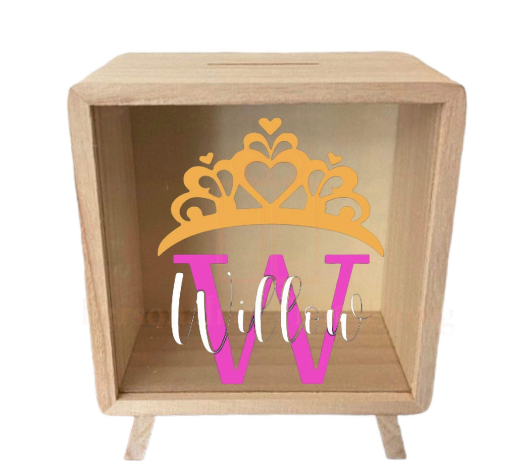 Personalised name wooden money box - Princess - dinosaur - unicorn - digger - sunflower - butterfly - concrete truck - race car - army