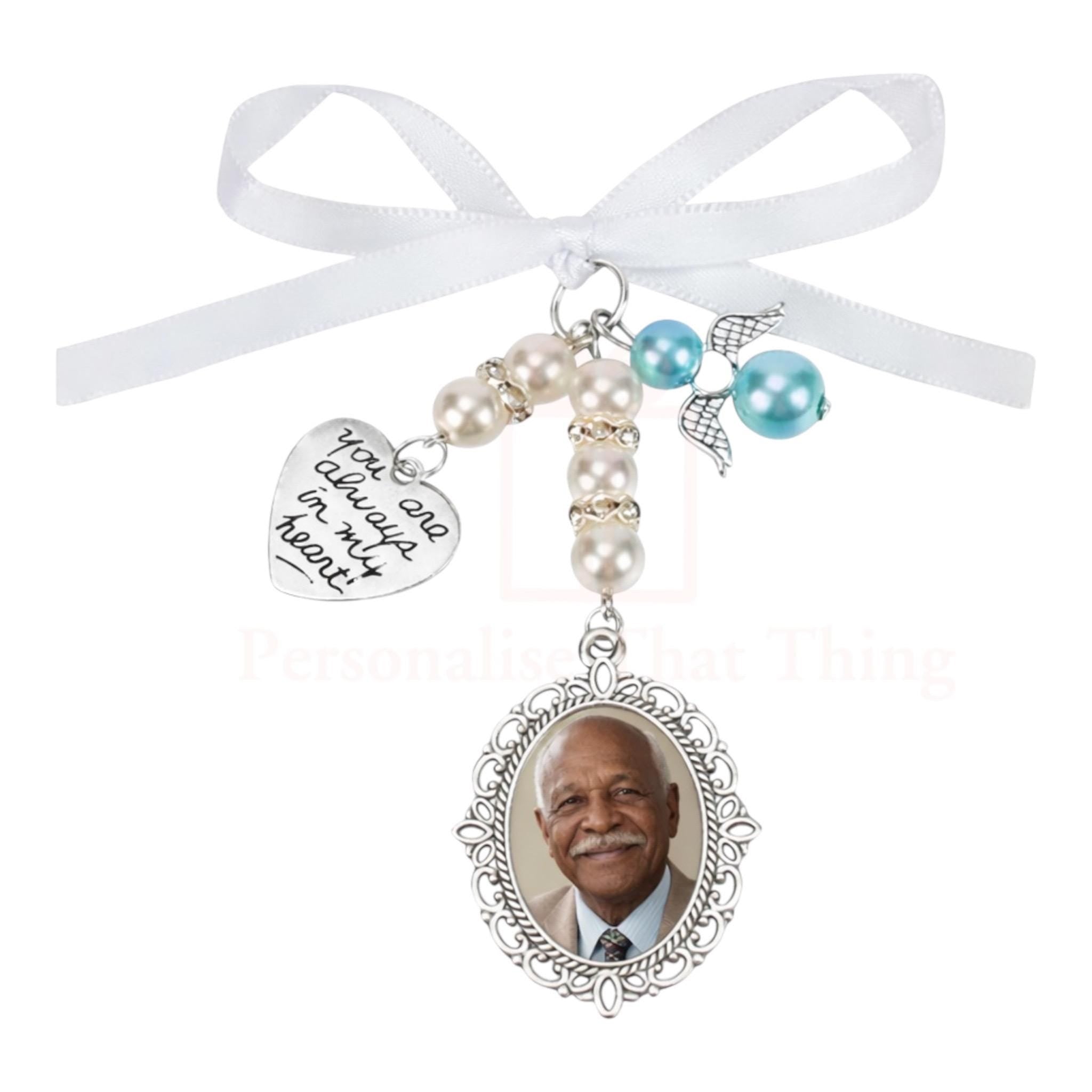 Wedding remembrance bouquet jewellery charm, memorial for people in heaven, custom bridal keepsake, Loving memory photo