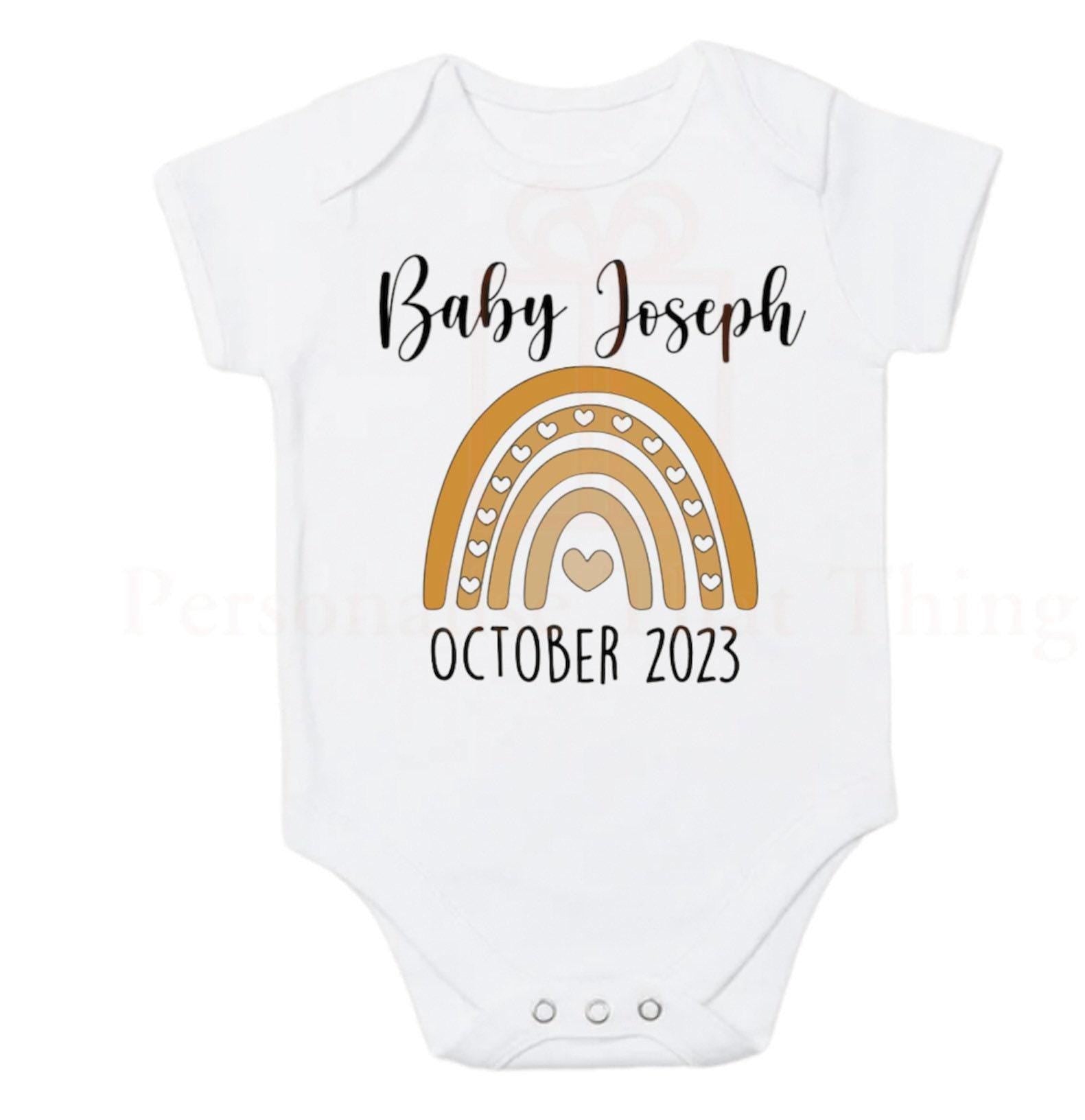 Rainbow baby personalised date pregnancy announcement baby bodysuit outfit