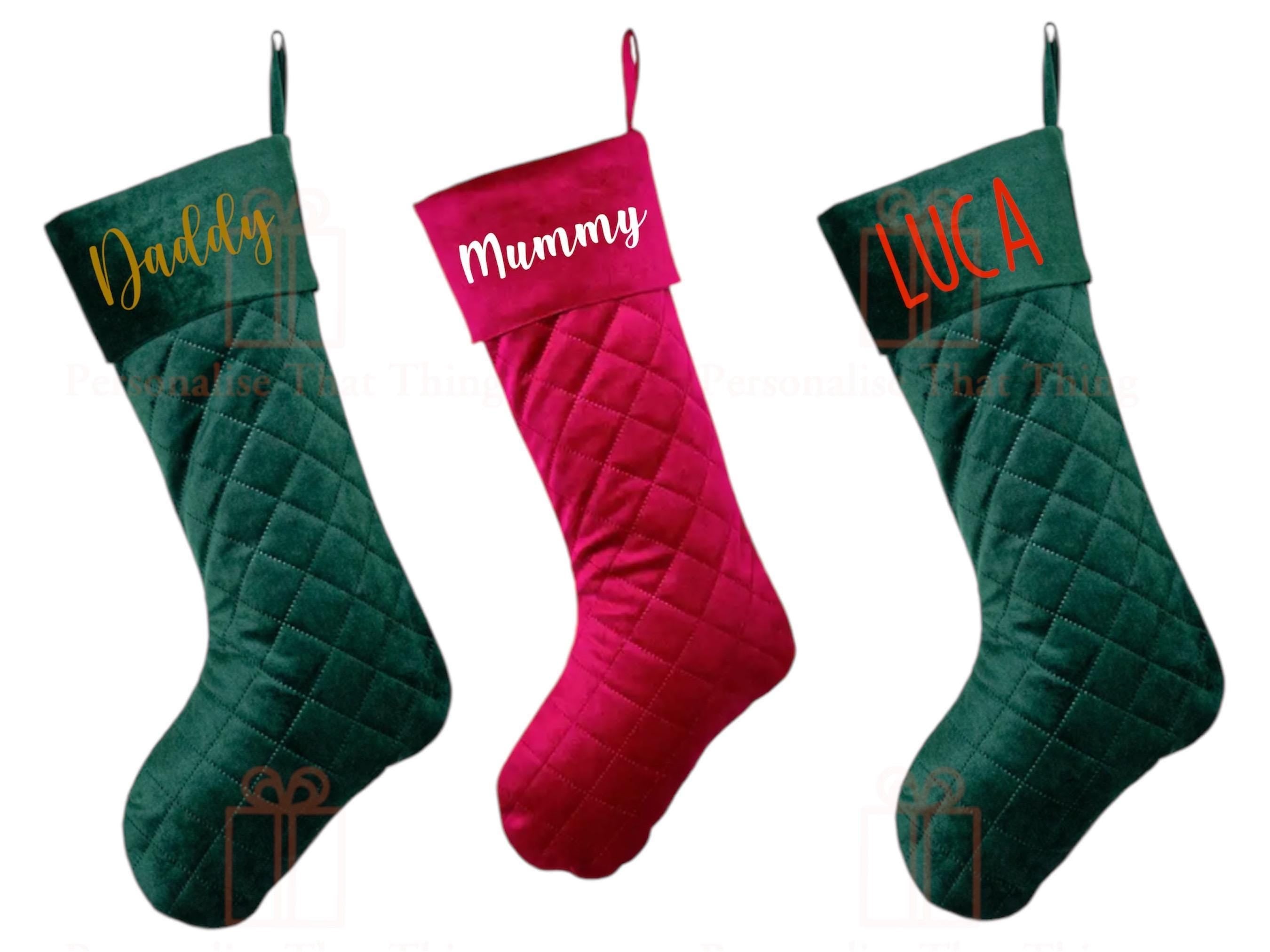 Christmas stocking - green or red velvet personalised diamond quilted luxury Santa stocking
