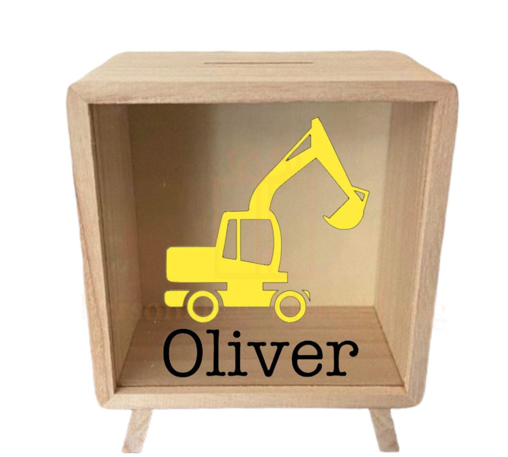 Personalised name wooden money box - Princess - dinosaur - unicorn - digger - sunflower - butterfly - concrete truck - race car - army