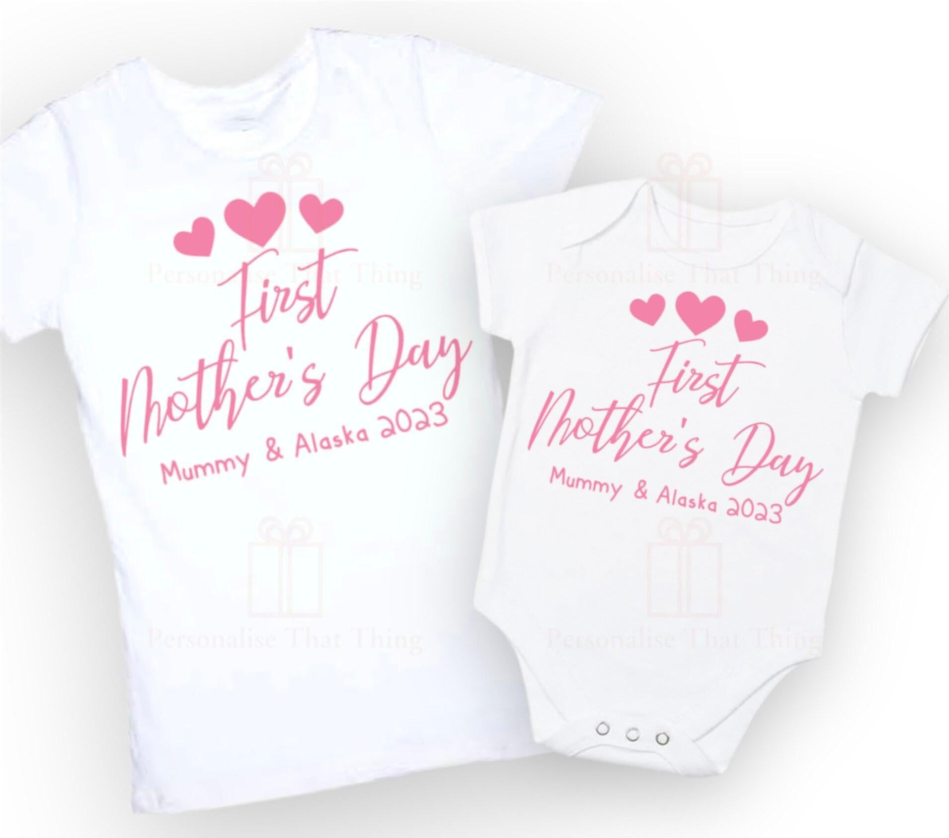 Our first Mother’s Day matching custom name heart T-shirts / baby onesie