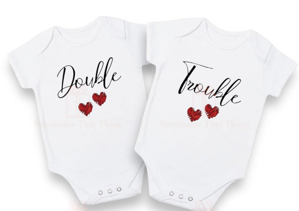 Double trouble heart baby twin pregnancy announcement bodysuit onesies