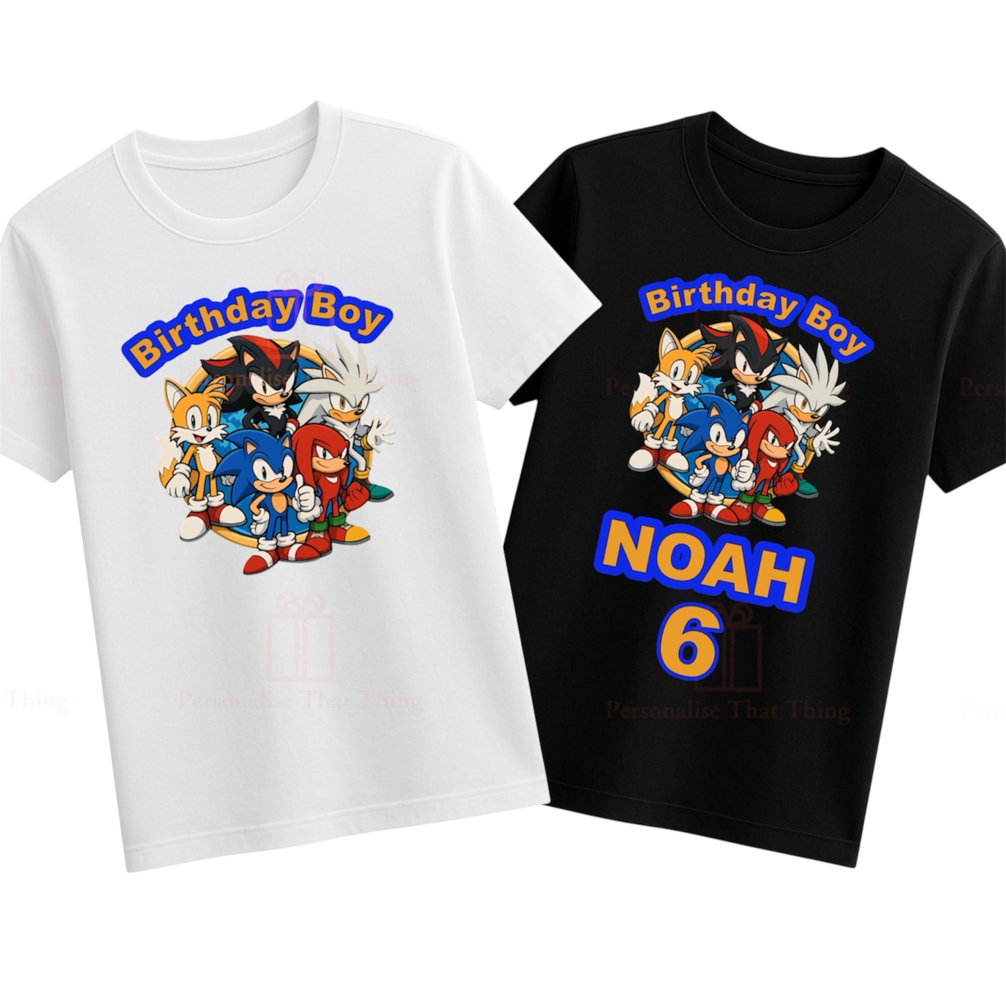 Sonic the hedgehog personalised name and age birthday boy tshirt