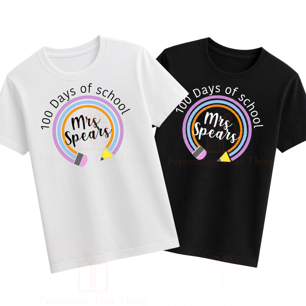 Teachers name 100 days of school rainbow pencil tshirt