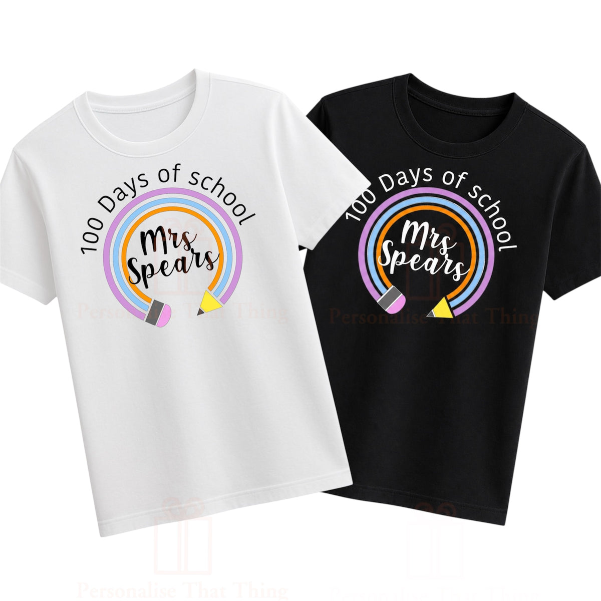 Teachers name 100 days of school rainbow pencil tshirt