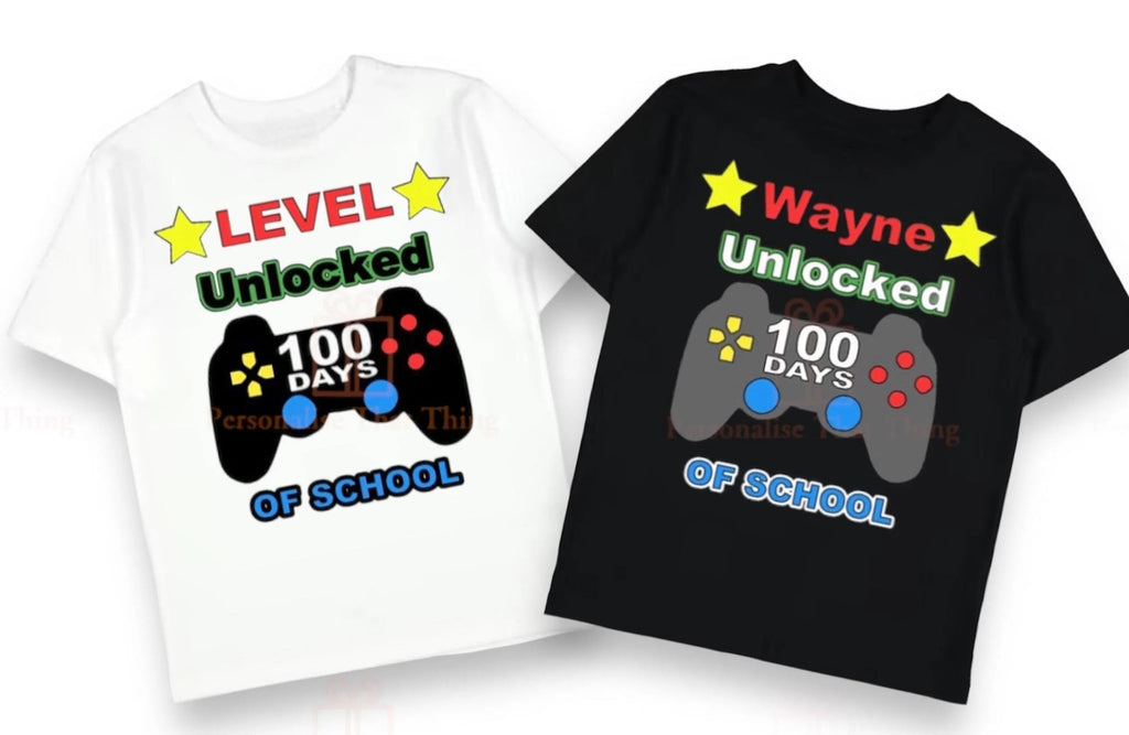 Level unlocked 100 days of school personalised name gaming tshirt