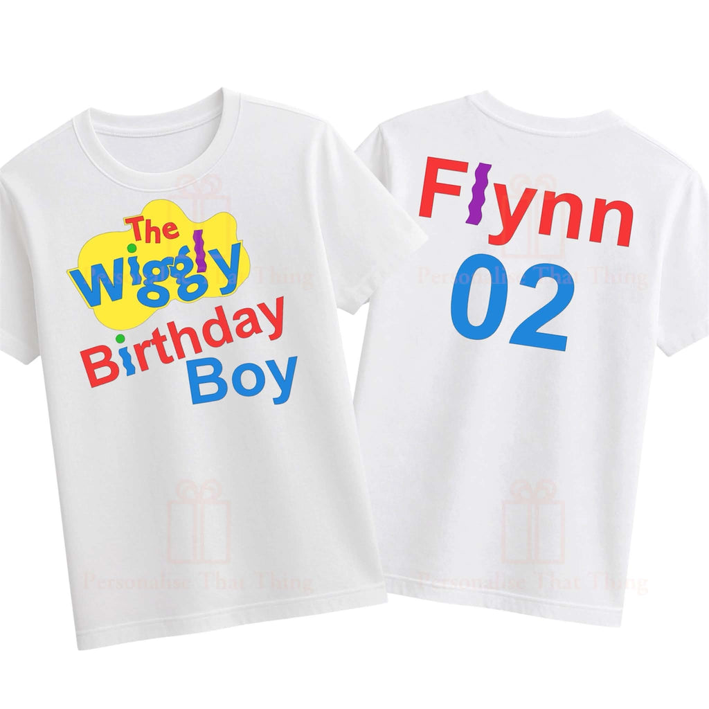 Wiggly birthday boy custom name & age birthday party tshirt