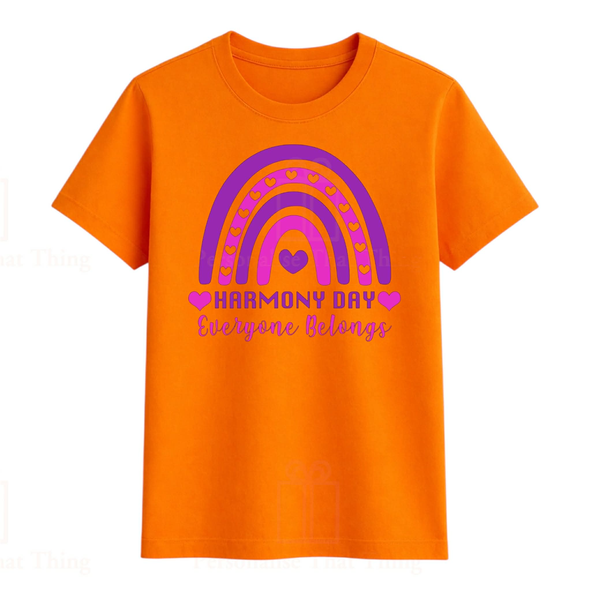 Harmony day - Pink & purple everyone belongs rainbow design orange Tshirt - All sizes available men women and children