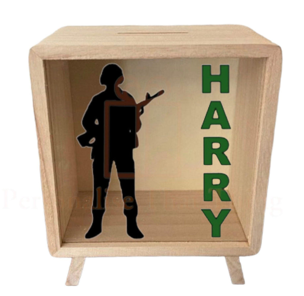 Personalised name wooden money box - Princess - dinosaur - unicorn - digger - sunflower - butterfly - concrete truck - race car - army