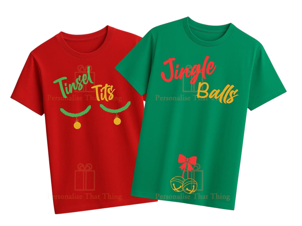 red tinsel tits / green jingle balls matching his & hers Christmas tshirts