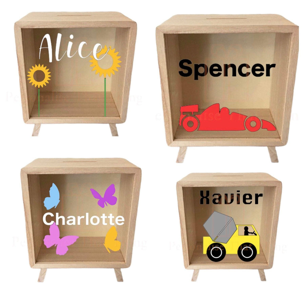 Personalised name wooden money box - Princess - dinosaur - unicorn - digger - sunflower - butterfly - concrete truck - race car - army
