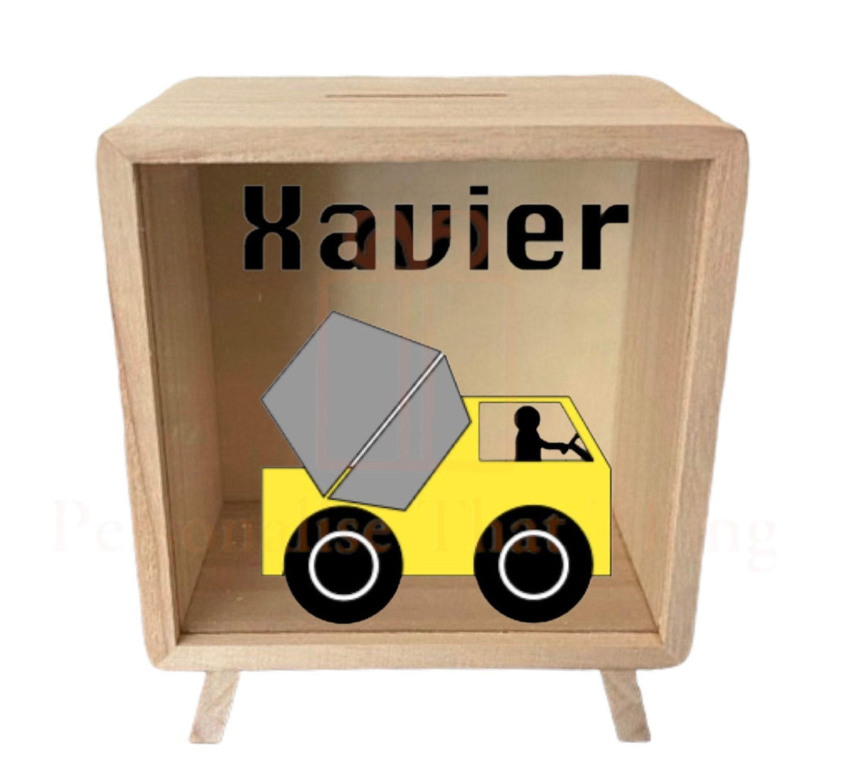 Personalised name wooden money box - Princess - dinosaur - unicorn - digger - sunflower - butterfly - concrete truck - race car - army