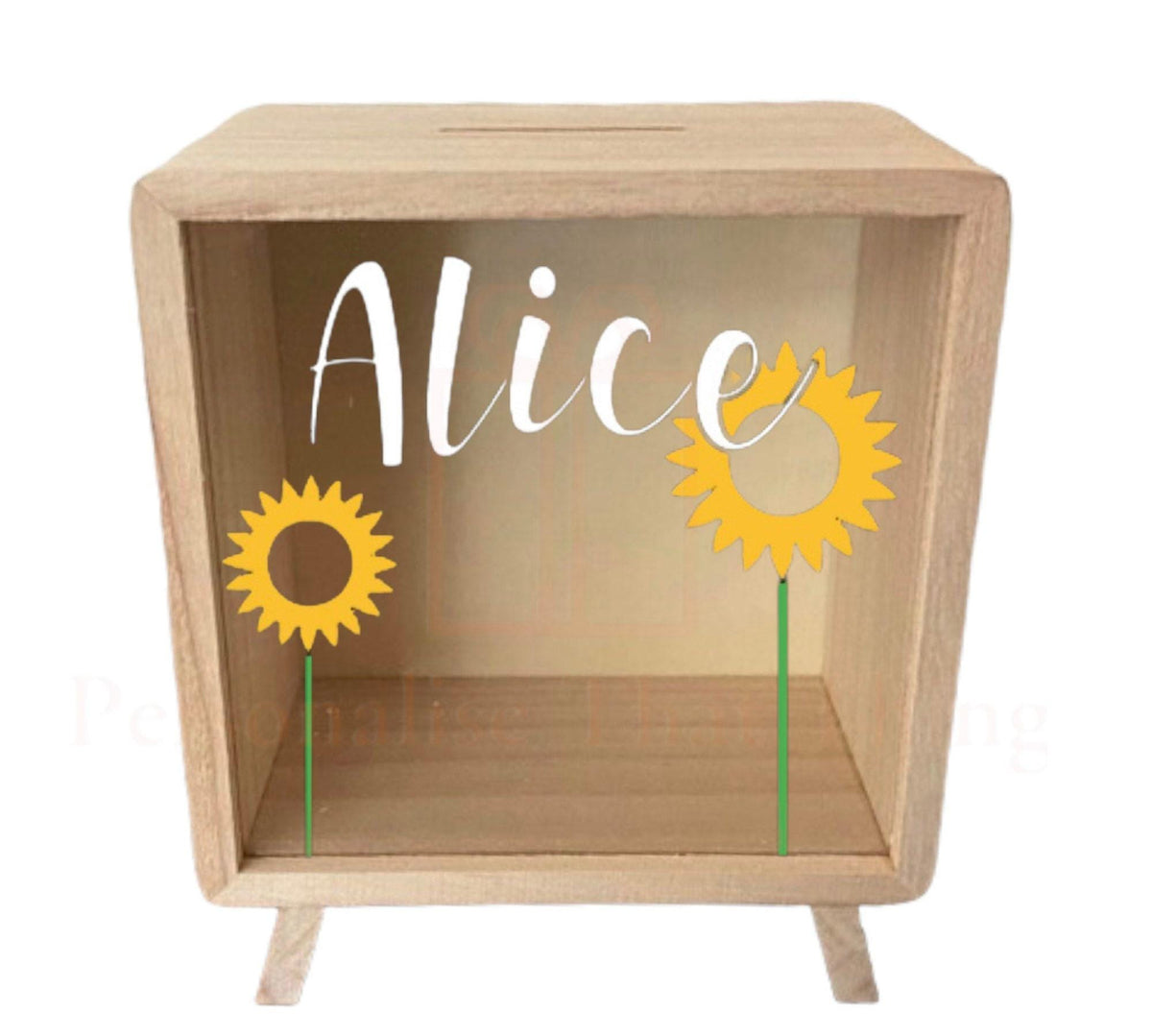 Personalised name wooden money box - Princess - dinosaur - unicorn - digger - sunflower - butterfly - concrete truck - race car - army