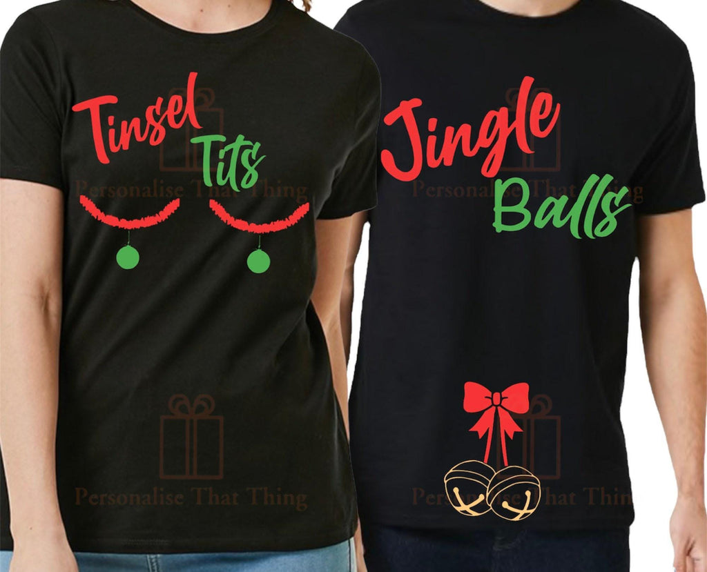 His & hers tinsel tits and jingle balls matching Christmas tshirts