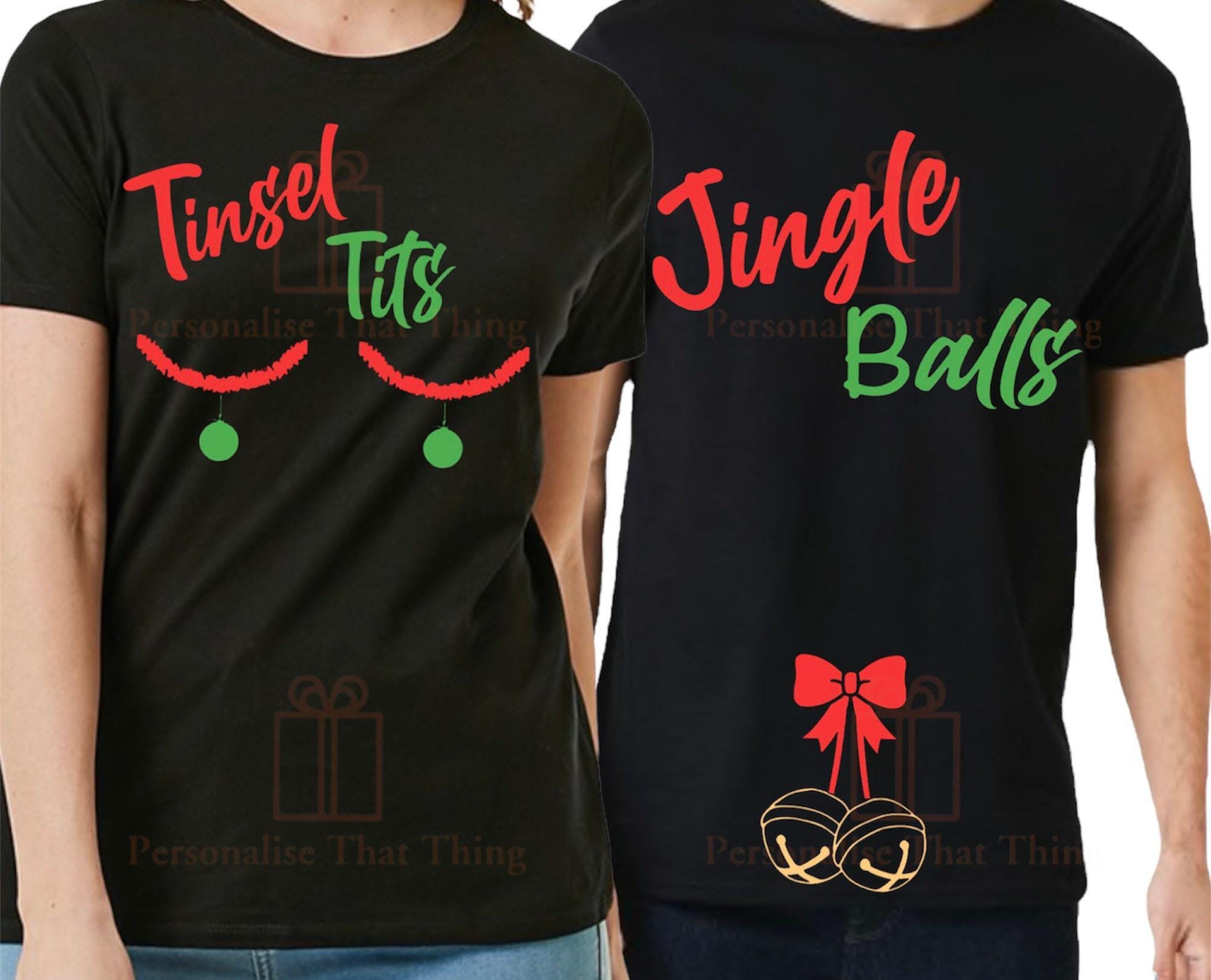 His & hers tinsel tits and jingle balls matching Christmas tshirts