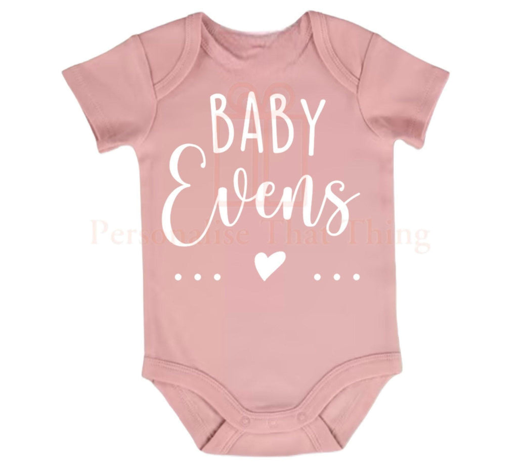 Baby surname pregnancy announcement heart baby bodysuit outfit