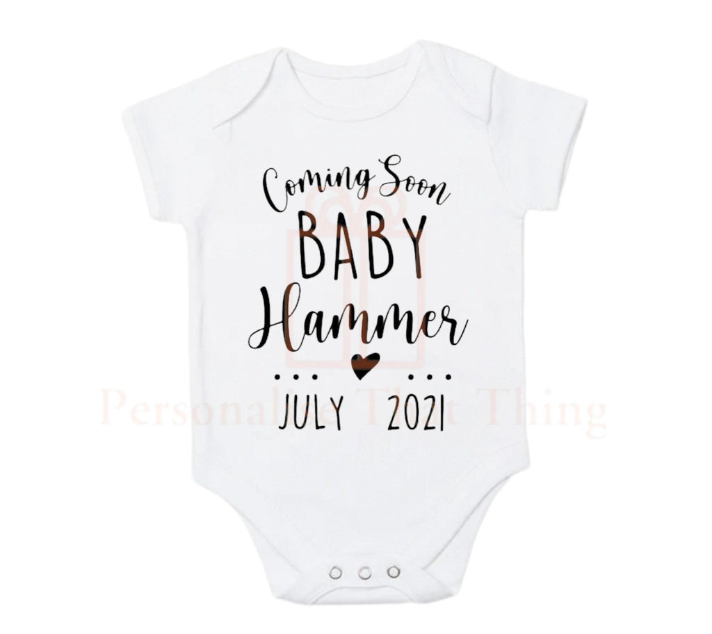 Newborn personalised surname & month baby pregnancy announcement outfit