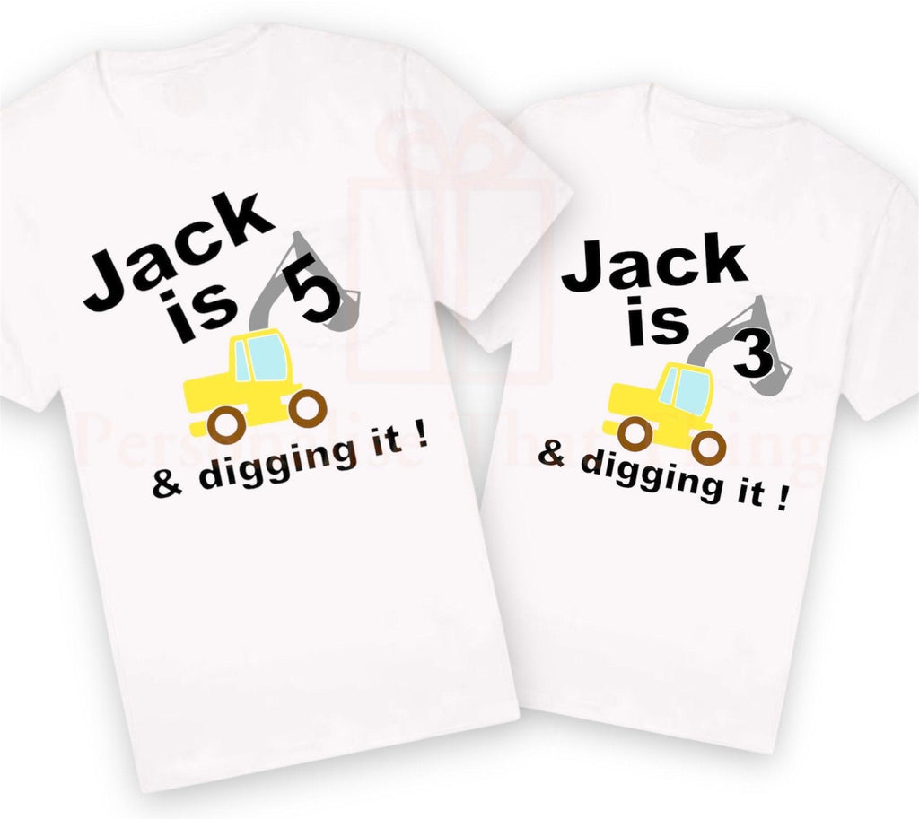 Construction digger digging it builder tradie custom personalised name & age birthday tshirt