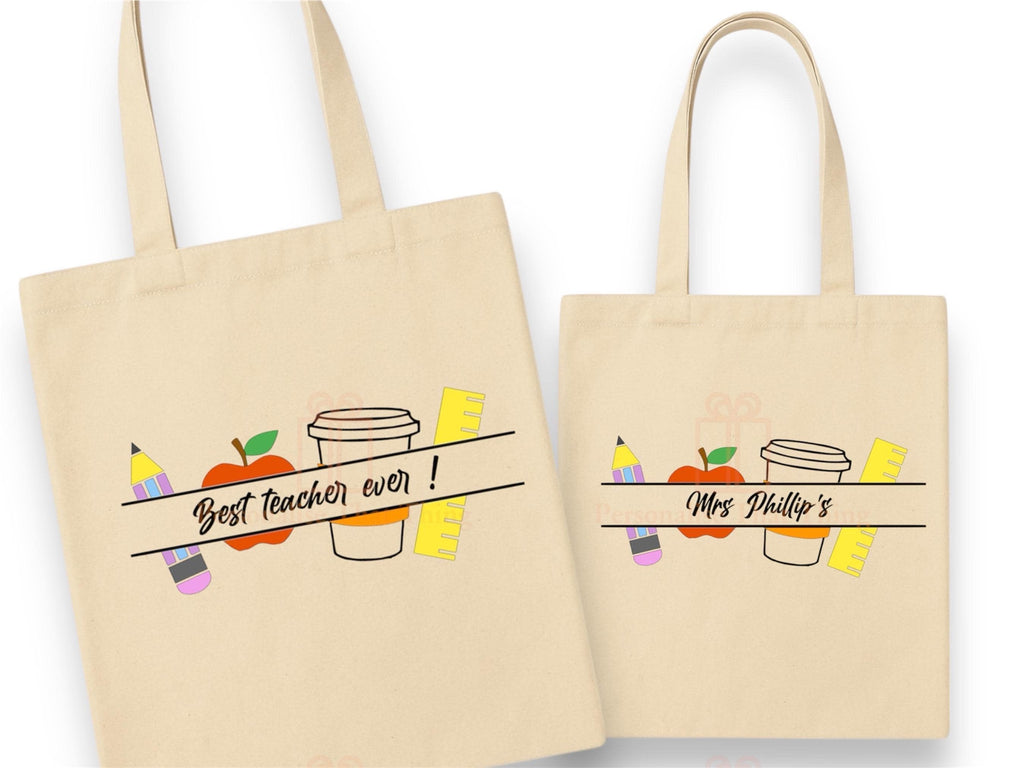 Teachers gift pencil apple coffee ruler custom name natural canvas tote shopping book bag