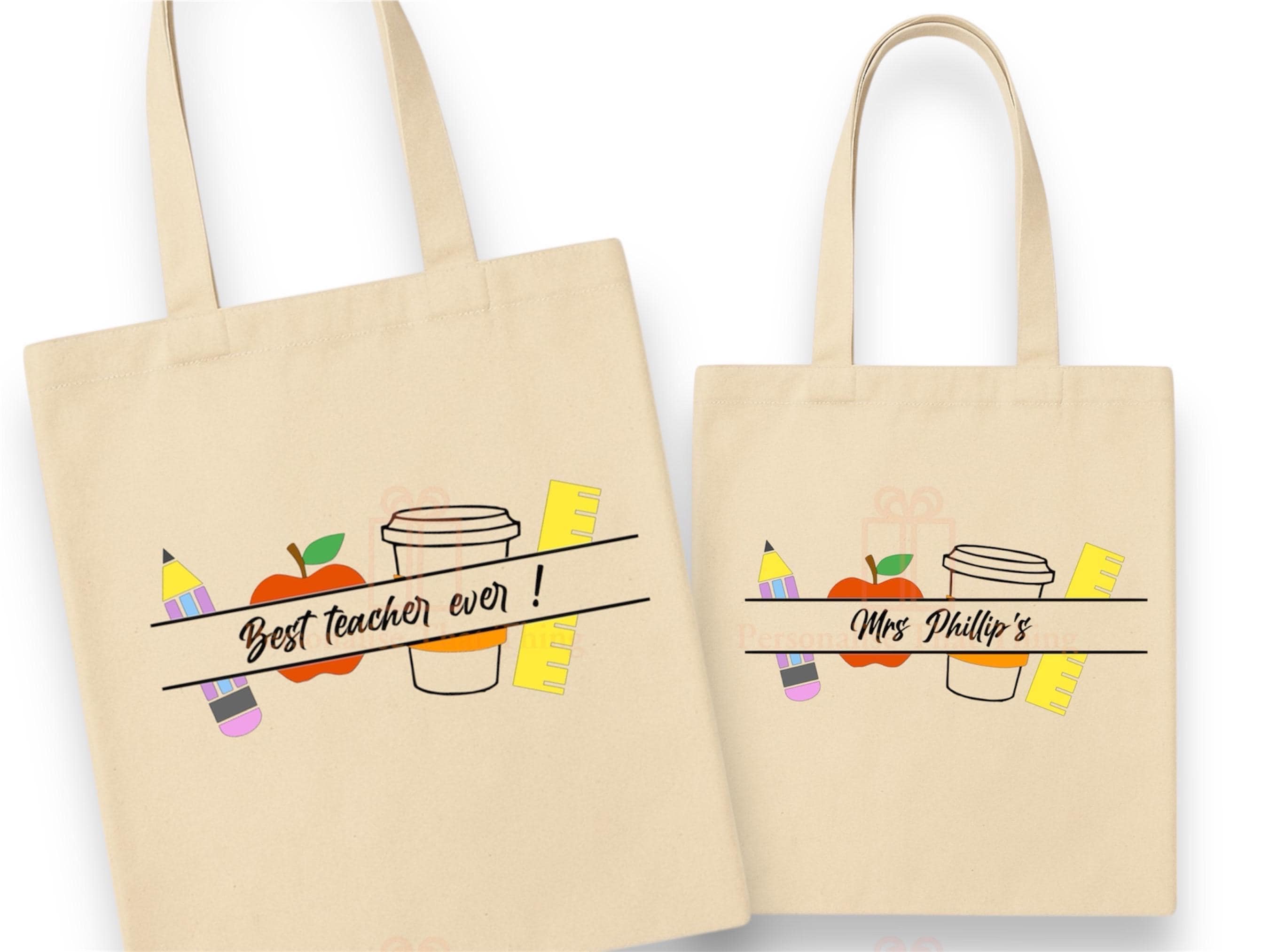Teachers gift pencil apple coffee ruler custom name natural canvas tote shopping book bag