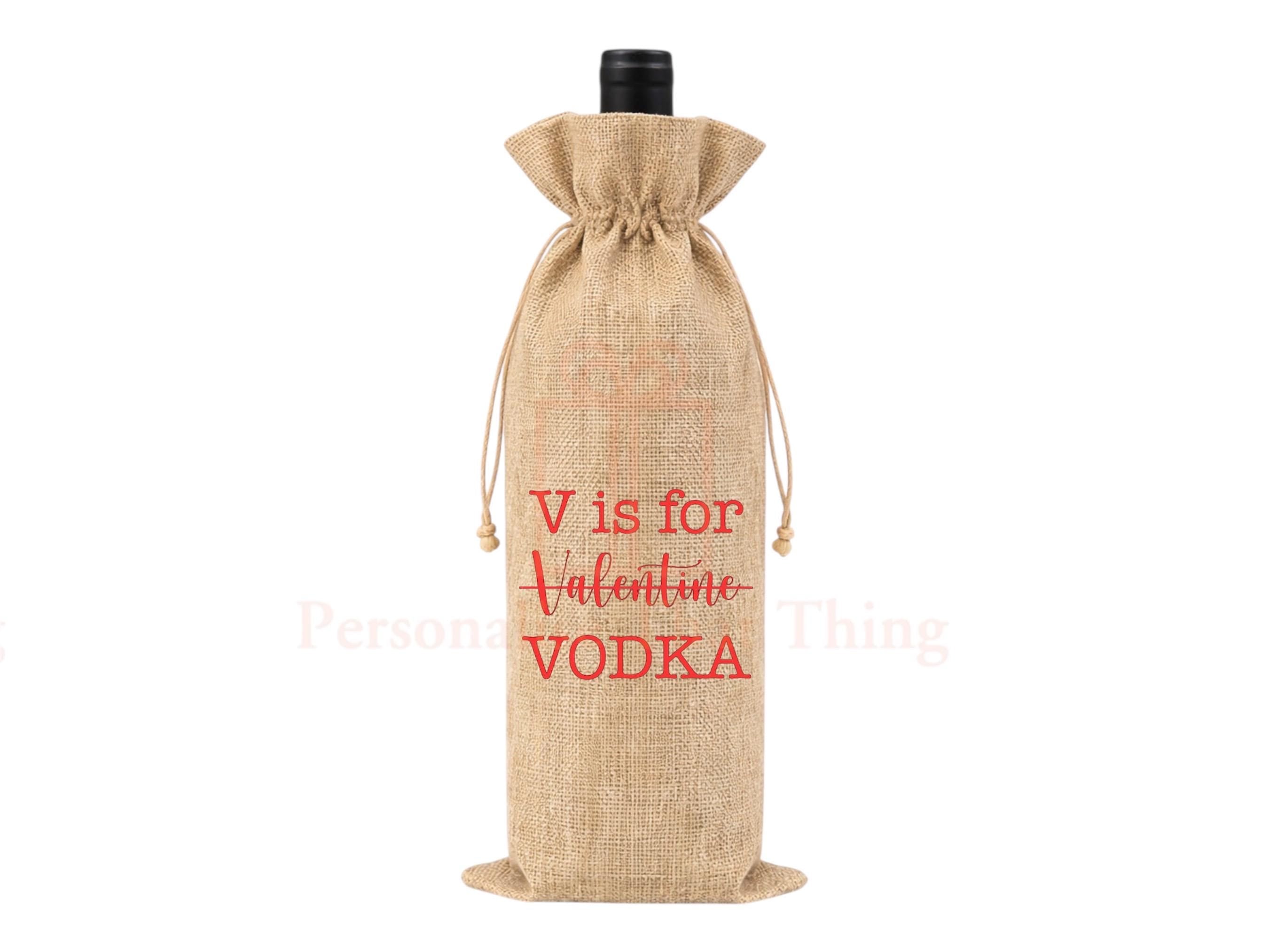 V is for valentines vodka burlap alcohol gift drawstring bag
