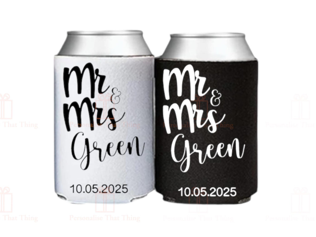 Mr & Mrs Personalised custom wedding day stubby cooler drink holders