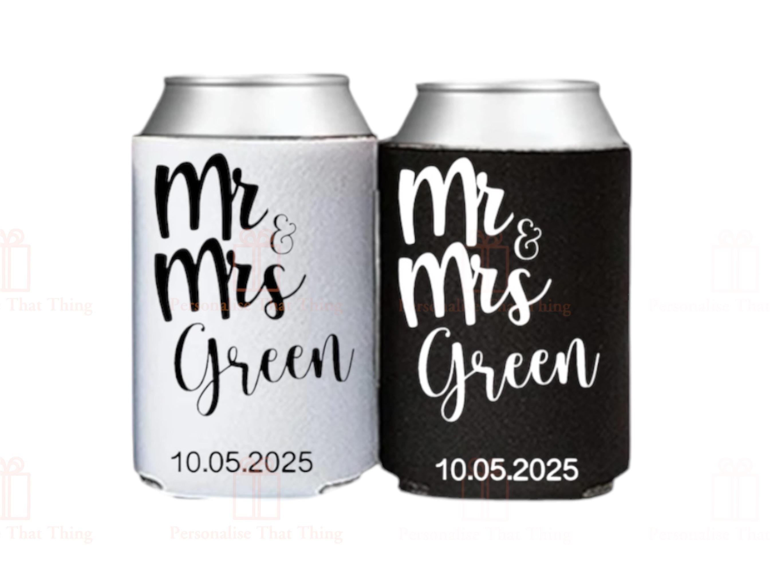 Mr & Mrs Personalised custom wedding day stubby cooler drink holders